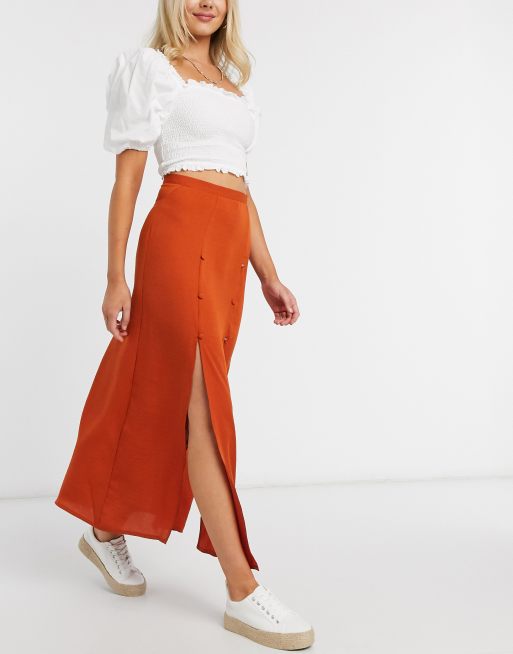 ASOS DESIGN Lange rok met dubbele split in roestbruin