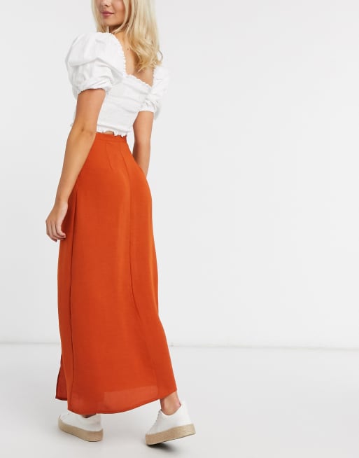 ASOS DESIGN Lange rok met dubbele split in roestbruin