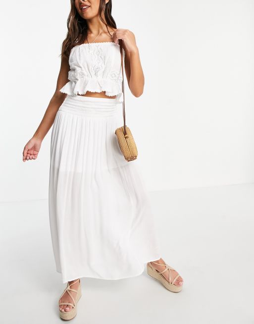 ASOS DESIGN - Lange rok van kreukstof met gesmokte tailleband in wit