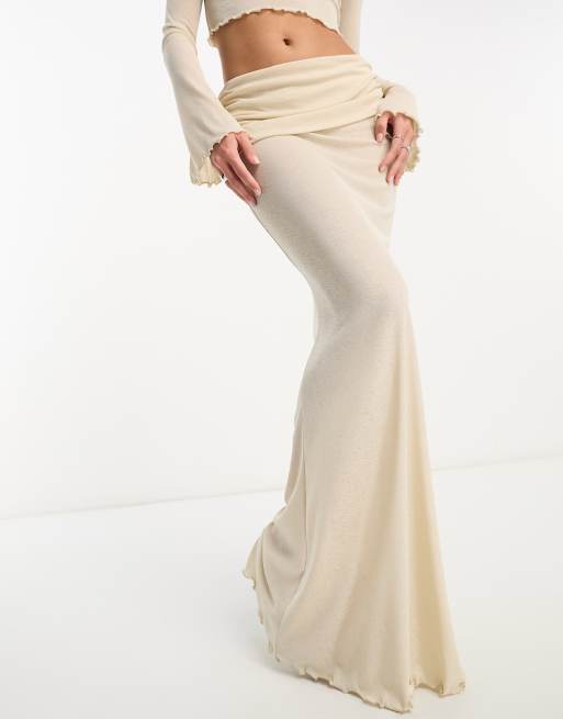 ASOS DESIGN - Lange rok van mesh met omgevouwen taille in ecru, deel van co-ord set