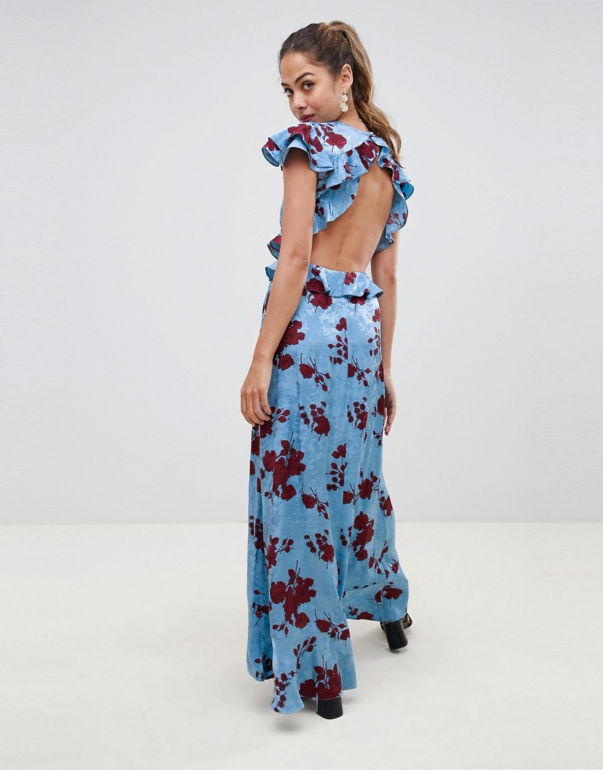 ASOS Design - Lange satijnen jacquard jurk met bloemenprint en open achterkant-Multi