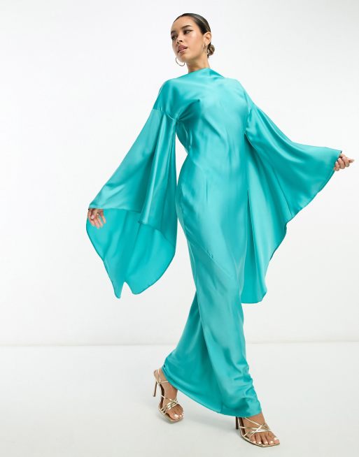 ASOS DESIGN - Lange satijnen jurk met extreem gedrapeerde mouwen en open achterkant in turquoise