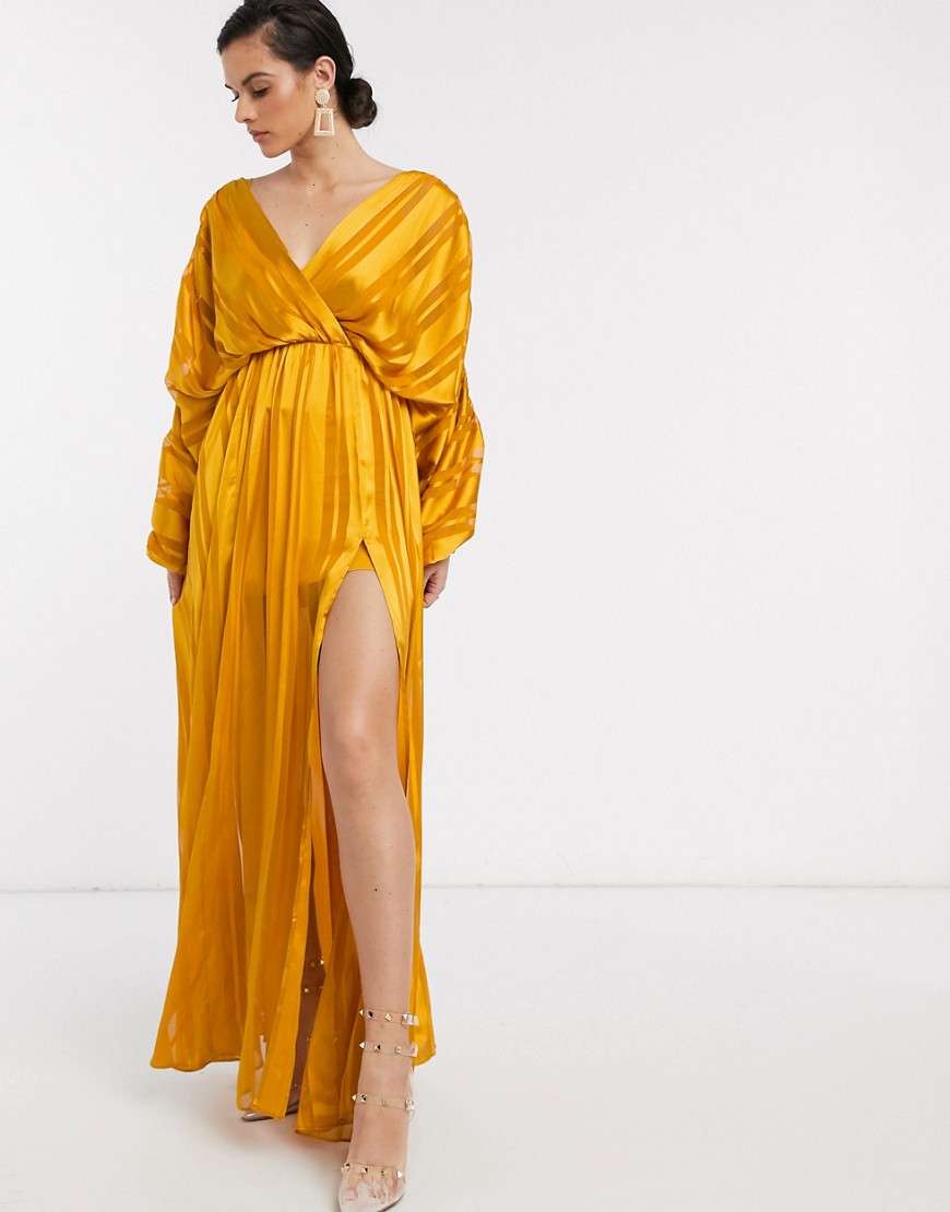 ASOS DESIGN - Lange satijnen jurk met ingezette ketting en strepen in geel-Multi