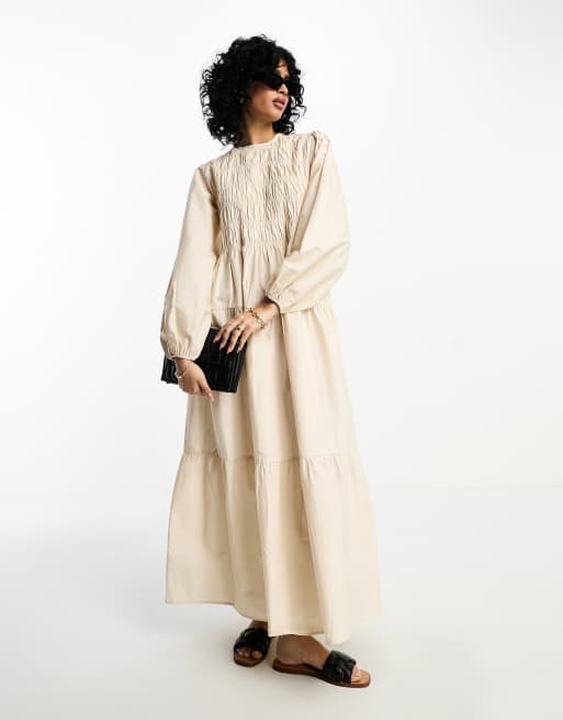 ASOS DESIGN - Lange smockjurk van katoen met pofmouwen in crème