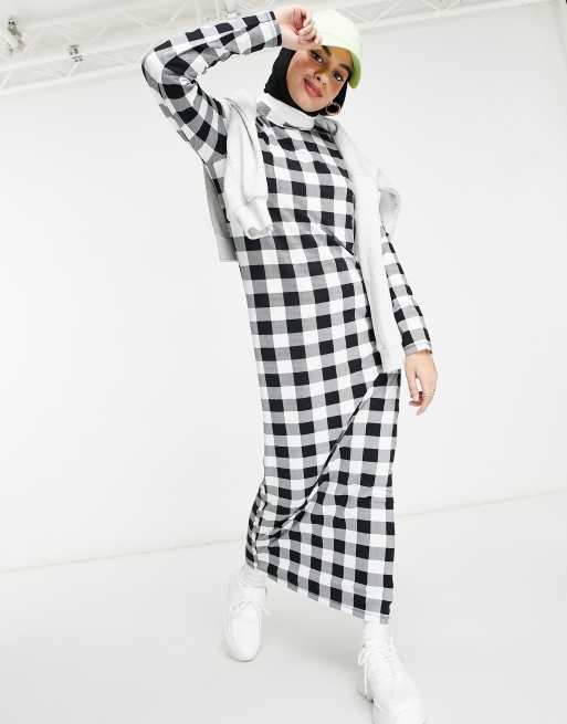 ASOS DESIGN - Lange T-shirtjurk met lange mouwen en gingham ruit in zwart en wit