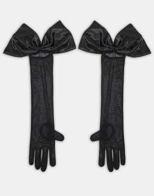 ASOS DESIGN - Lange, transparente Handschuhe in Schwarz mit übergroßer Satinschleife
