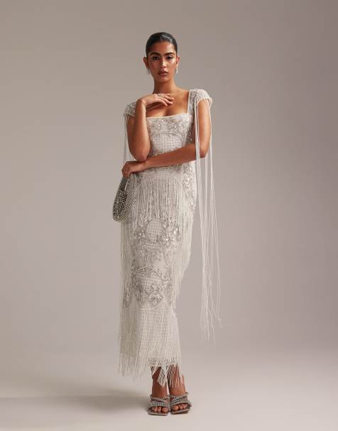ASOS DESIGN - Lange trouwjurk met franjes, versiering en vierkante hals - view 1