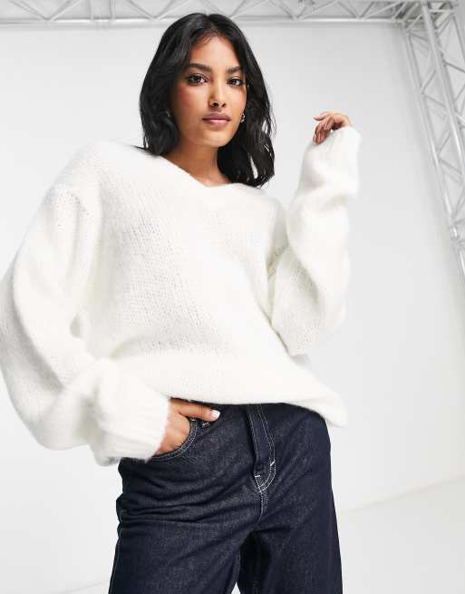 ASOS DESIGN - Lange trui met V-hals van geborsteld garen in crème