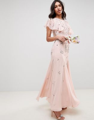 ASOS DESIGN - Lange, versierde jurk met vleugelmouwtjes-Roze