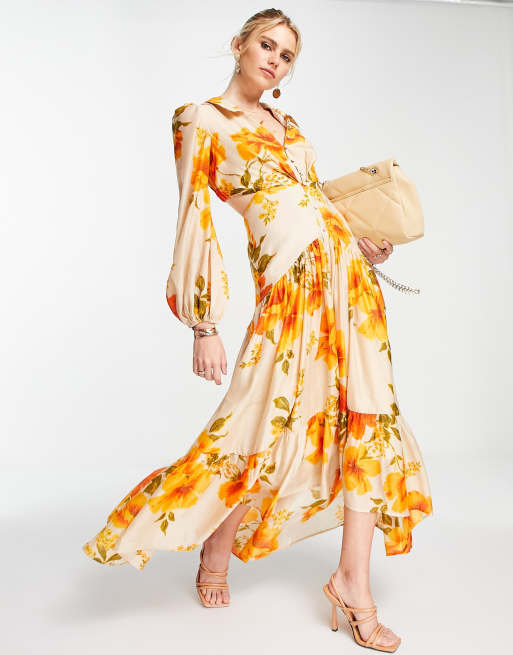 ASOS DESIGN - Lange voile jurk met stroken, kraagje en knoopjes in oranje bloemenprint