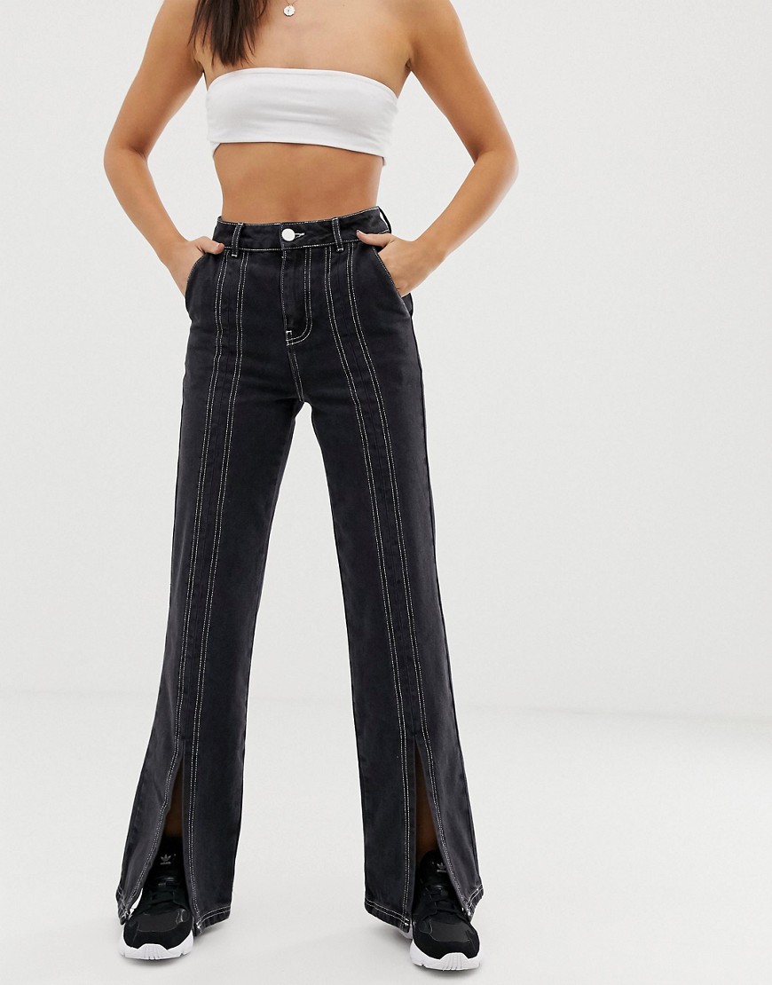 ASOS DESIGN - Lange wijduitlopende jeans met split voorop en witte stiksels in zwart