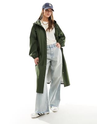 ASOS DESIGN - Langer, gummierter Regenparka in Khaki-Grün