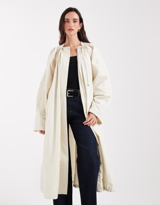 ASOS DESIGN – Langer Trenchcoat in Steinbeige mit geraffter Taille und Ballonsaum, 4 von 4