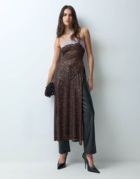 ASOS DESIGN langes Cami-Top mit Pailletten und Spitze in Braun und Flieder - view 1
