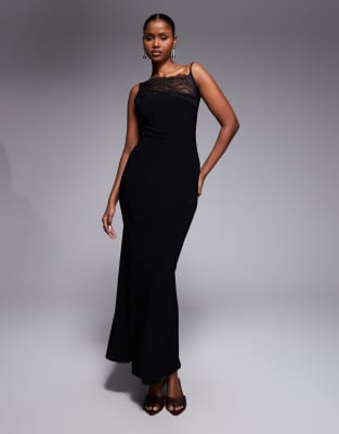 ASOS DESIGN - Langes Camisole-Kleid in Schwarz mit asymmetrischem Spitzen-Ausschnitt