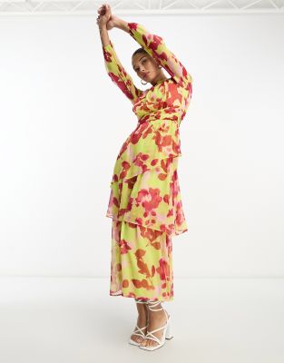 ASOS DESIGN - Langes Freizeitkleid in Rosa geblümt mit hohem Ausschnitt und geraffter Taille-Bunt