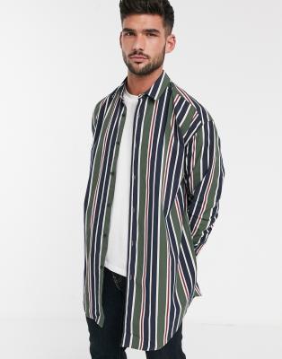 Langes, gestreiftes Oversized-Hemd-Grün Grün XS