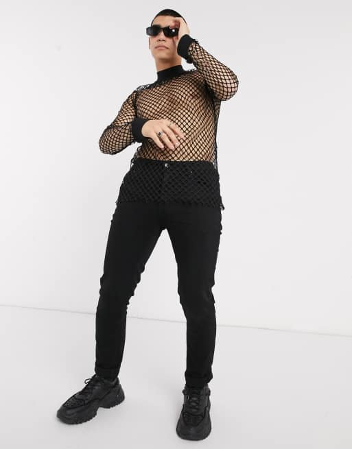 ASOS DESIGN – Langes, langärmliges Shirt in Schwarz aus Netzstoff, 4 von 4
