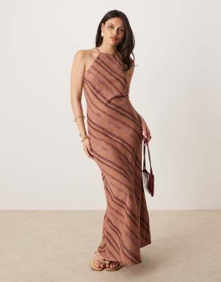 ASOS DESIGN - Langes Leinen-Sommerkleid in gestreiftem Braun mit Ringerrücken-Bunt