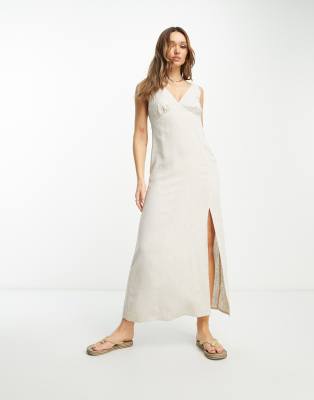 ASOS DESIGN - Langes Leinen-Sommerkleid zum Hineinschlüpfen in Natur mit V-Ausschnitt-Neutral