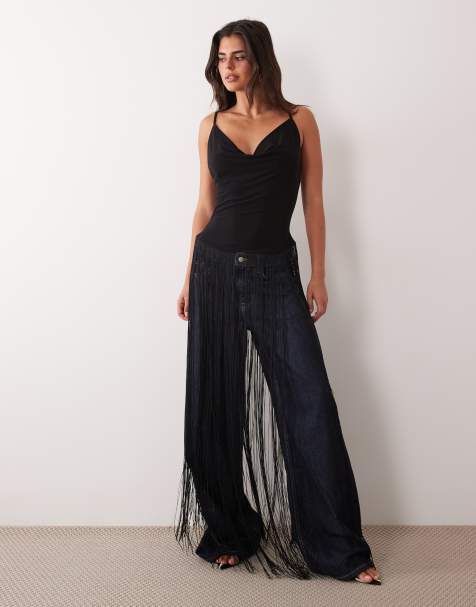 ASOS DESIGN langes Oberteil mit Fransen in Schwarz - view 1