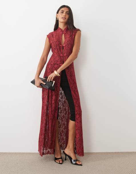 ASOS DESIGN langes Oberteil mit Spitzen-Mandarin-Kragen in Rot - view 1