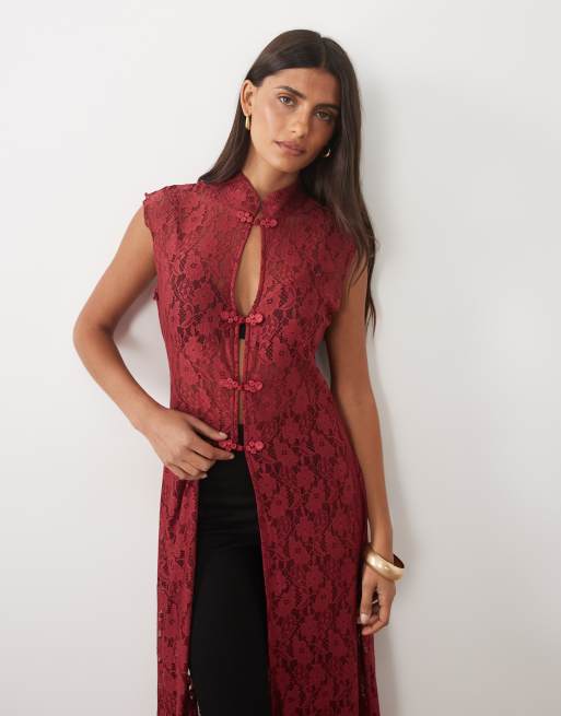 ASOS DESIGN langes Oberteil mit Spitzen-Mandarin-Kragen in Rot, 2 von 4