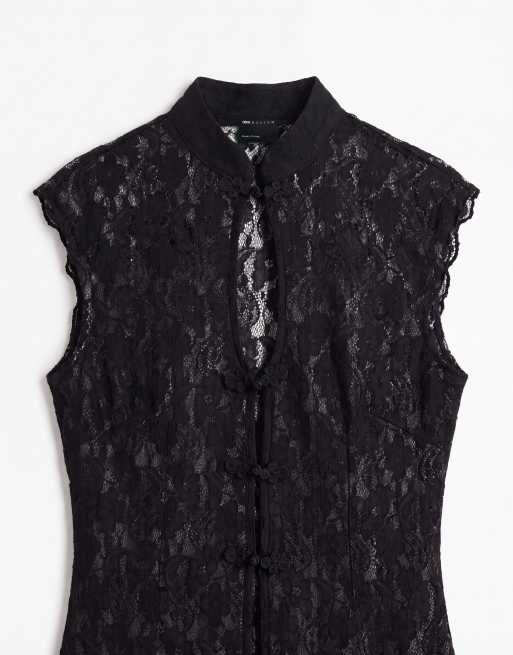 ASOS DESIGN langes Oberteil mit Spitzen-Mandarin-Kragen in Schwarz, 8 von 8