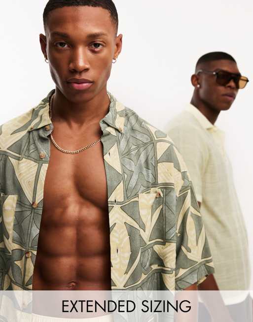 ASOS DESIGN – Langes Oversize-Hemd mit Boxy-Schnitt und grünem Print in Vintage-Optik