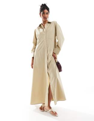 ASOS DESIGN - Langes Oversize-Hemdkleid in Camel mit doppelter, spitzer Taillennaht-Brown