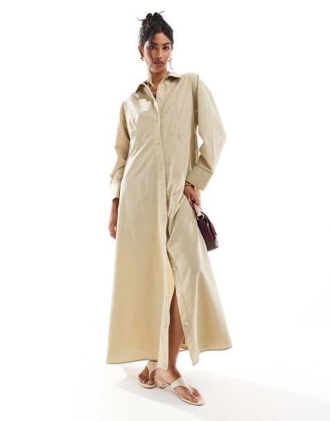ASOS DESIGN – Langes Oversize-Hemdkleid in Camel mit doppelter, spitzer Taillennaht - view 1