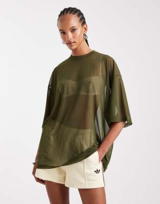 ASOS DESIGN - Langes Oversize-T-Shirt aus Netzstoff in Khaki-Grün