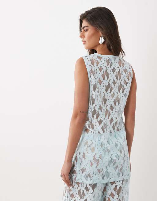 ASOS DESIGN – Langes Oversize-Trägertop aus Spitze in Blassblau, Kombiteil, 3 von 4