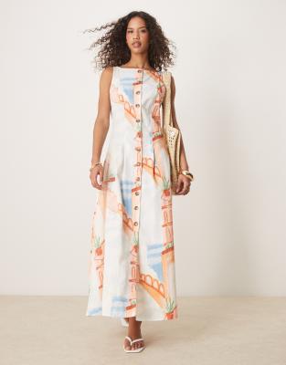 ASOS DESIGN - Langes Sommerkleid im Westen-Schnitt mit „Postkarten"-Print, Knopfleiste und U-Boot-Ausschnitt-Bunt