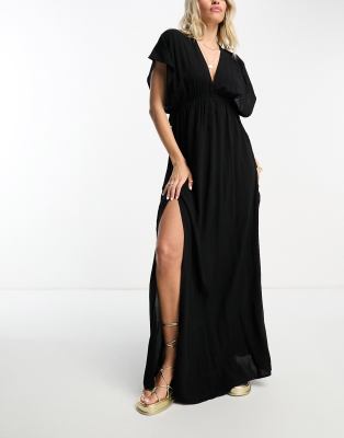 ASOS DESIGN - Langes Strandkleid für die größere Brust in Schwarz mit Flatterärmeln und Kordelzug an der Taille-Black