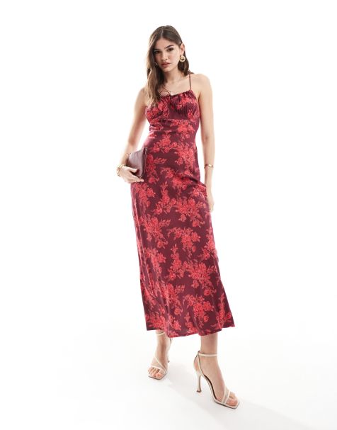 ASOS DESIGN – Langes Trägerkleid in Burgunderrot mit geraffter Brustpartie und Blumenmuster - view 1