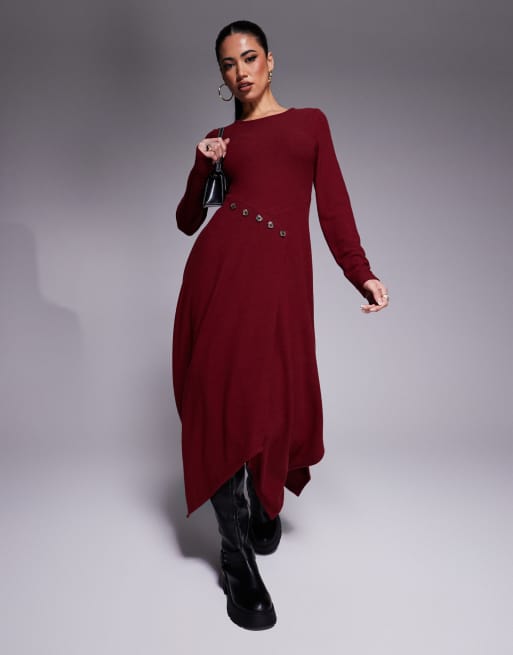 ASOS DESIGN – Langes Wickelkleid in Burgunderrot mit asymmetrischer Knopfleiste, 2 von 4