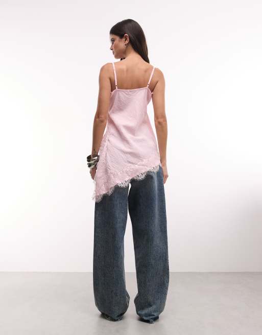 ASOS DESIGN langline asymmetrisk cami med blondetrim i pink, 4 af 4