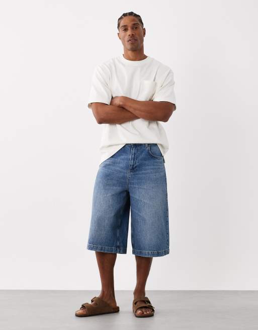 ASOS DESIGN – Längre jeansshorts i mellanblå vintagetvätt