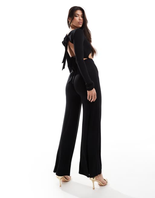 ASOS DESIGN - Langærmet asymmetrisk jumpsuit med udskæringer og bindebånd på ryggen i sort, 2 af 4