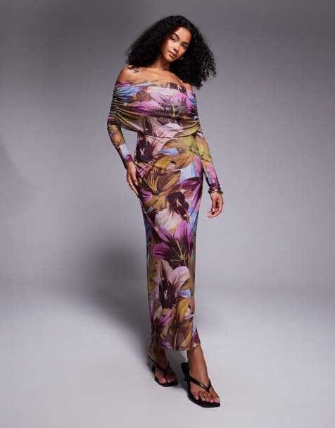 ASOS DESIGN - Langærmet bardot-midikjole med mørkt blomsterprint - view 1