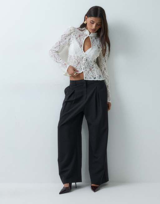 ASOS DESIGN langærmet blondetop med kinakrave i hvid, 2 af 5