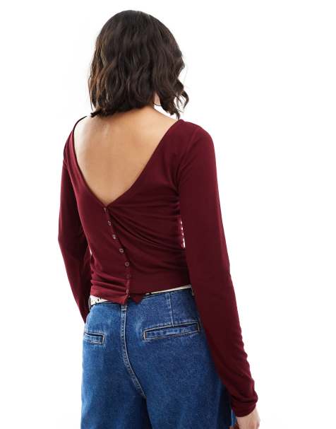 ASOS DESIGN - Langærmet bordeauxrød top med bred halsudskæring og knapdetaljer - view 1