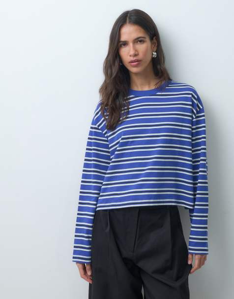 ASOS DESIGN langærmet boxy cropped T-shirt i blå og cremefarvet stribe - view 1