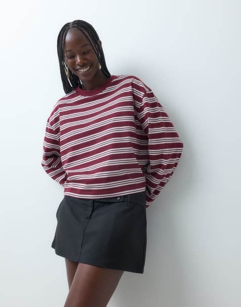 ASOS DESIGN langærmet boxy cropped T-shirt i burgunder- og pinkstribe - view 1