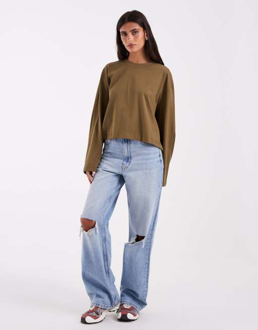 ASOS DESIGN langærmet boxy cropped T-shirt i khaki, 2 af 4