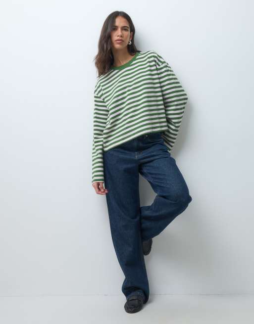 ASOS DESIGN langærmet boxy cropped T-shirt med striber i pink og khaki, 2 af 4