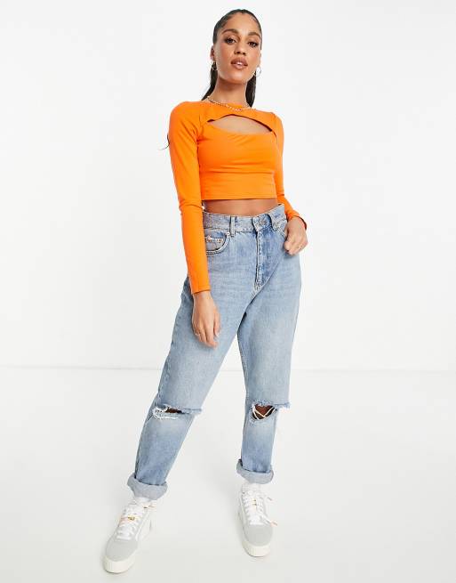 ASOS DESIGN - Langærmet croptop med udskæring foran i orange
