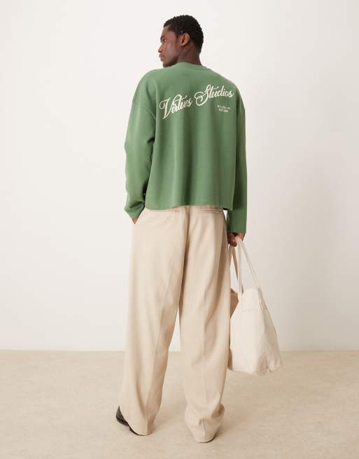 ASOS DESIGN - Langærmet grøn T-shirt med firkantet pasform, sænkede skuldre og grafisk print i kraftigt 300 gsm-stof