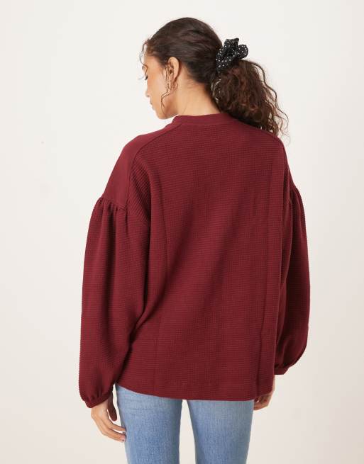 ASOS DESIGN - Langærmet henley-top med pufærmer og vaffeltekstur i bordeaux vask, 3 af 4